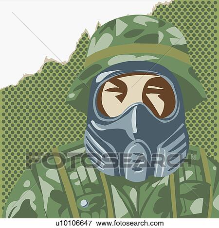 Stock Illustration - Close-up of an army soldier wearing a gas mask. Fotosearch