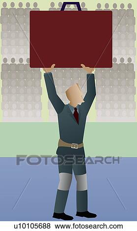 Businessman holding up an oversized briefcase in a stadium View Large Illustration Stock Illustration - Businessman holding up an oversized briefcase in a stadium. Fotosearch