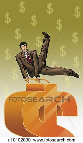 Clipart - Businessman performing gymnastics on a dollar sign. Fotosearch