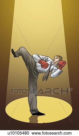 Businessman practicing kickboxing View Large Illustration Clipart - Businessman practicing kickboxing. Fotosearch