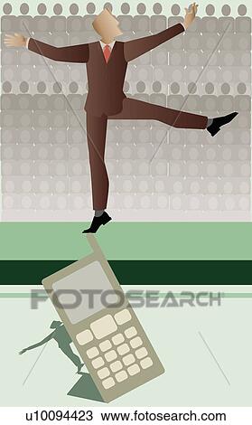 Drawing - Businessman standing on a mobile phone antenna with his arms outstretched. Fotosearch