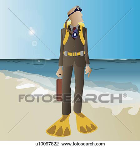 Businessman standing on the beach wearing scuba gear and holding a briefcase View Large Illustration Drawing - Businessman standing on the beach wearing scuba gear and holding a briefcase. Fotosearch