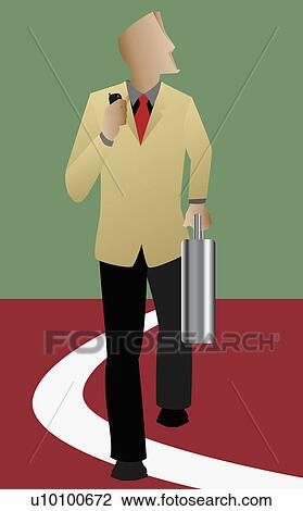 Drawing - Businessman walking on the road and carrying a briefcase. Fotosearch