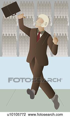 Drawing - Businessman wearing a helmet and throwing a briefcase in a stadium. Fotosearch