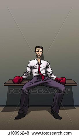 Stock Illustration - Businessman wearing boxing gloves and sitting on a bench. Fotosearch