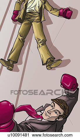 Clip Art - High angle view of a businessman rising his hands with another businessman lying on the floor beside him. Fotosearch