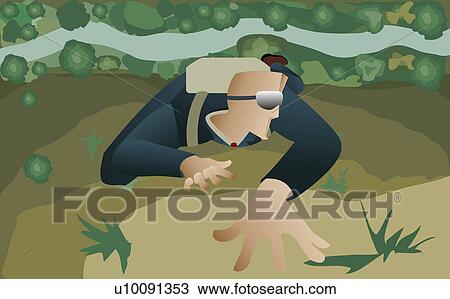 Drawing - High angle view of a businessman rock climbing. Fotosearch