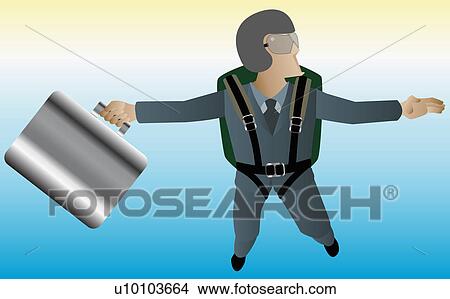 Stock Illustration - High angle view of a businessman skydiving with a briefcase. Fotosearch
