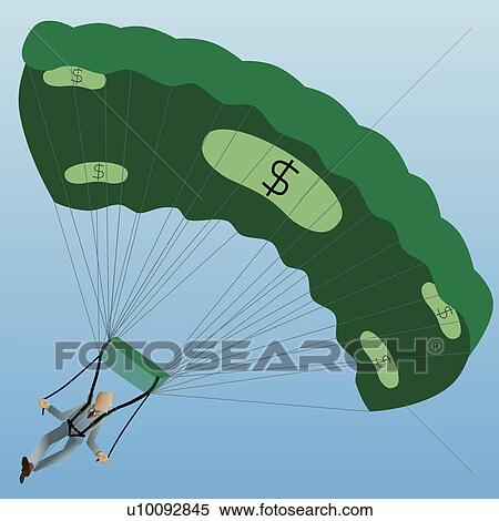 Stock Illustration - Low angle view of a businessman parachuting with a banknote for a parachute. Fotosearch