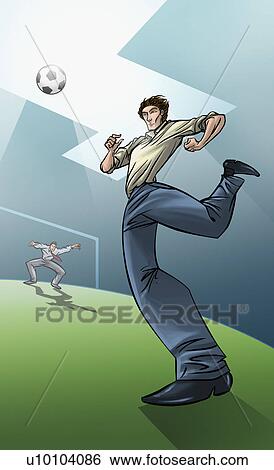 Stock Illustration - Low angle view of two young men playing soccer. Fotosearch