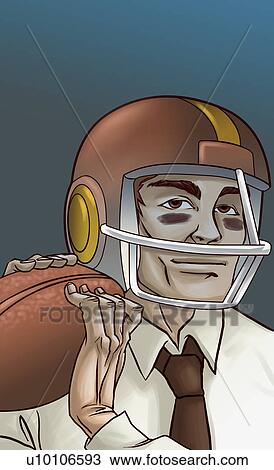 Drawing - Portrait of a businessman holding a football and wearing a helmet. Fotosearch