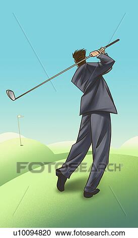 Rear view of a businessman swinging a golf club View Large Illustration Clipart - Rear view of a businessman swinging a golf club. Fotosearch