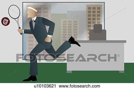 Side profile of a businessman playing tennis in an office View Large Illustration Clip Art - Side profile of a businessman playing tennis in an office. Fotosearch