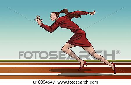 Stock Illustration - Side profile of a businesswoman running on a running track. Fotosearch