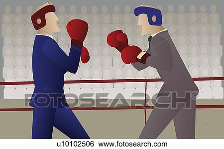 Stock Illustration - Side profile of two businessmen boxing in a boxing ring. Fotosearch