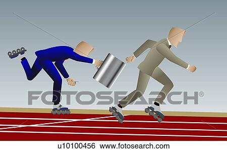 Stock Illustration - Side profile of two businessmen inline skating on a running track. Fotosearch