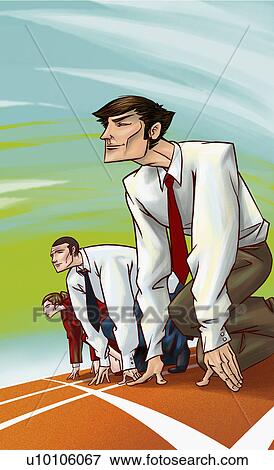 Stock Illustration - Side profile of two businessmen with a businesswoman at starting positions on a running track. Fotosearch