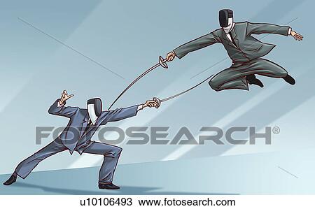 Two businessmen fencing View Large Illustration Drawing - Two businessmen fencing. Fotosearch