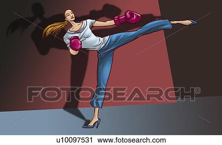 Clip Art - Young woman practicing kickboxing. Fotosearch