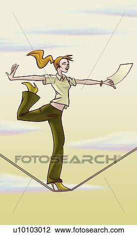 Drawing - Young woman standing on one leg on a tightrope. Fotosearch