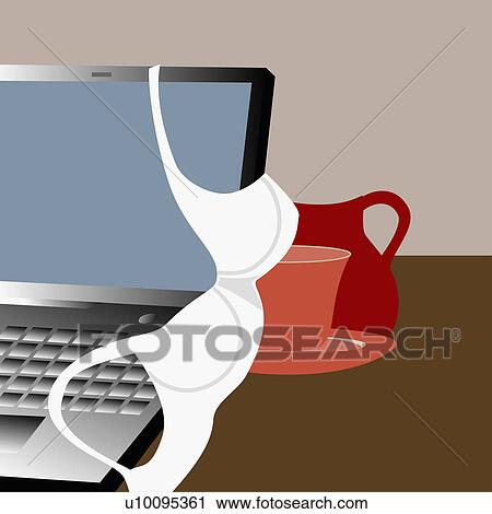 Close-up of a bra hanging on a laptop View Large Illustration Clip Art - Close-up of a bra hanging on a laptop. Fotosearch