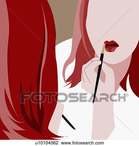 Close-up of a young woman applying lipstick View Large Illustration Drawing - Close-up of a young woman applying lipstick. Fotosearch