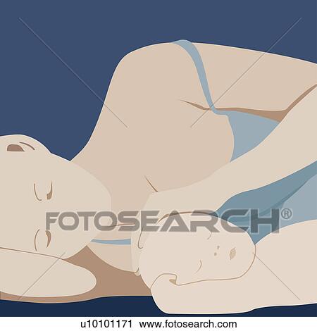 Clip Art - Close-up of a young woman sleeping with her son. Fotosearch