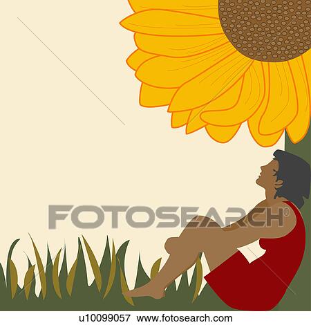 Stock Illustration - Side profile of a young woman leaning against a tree with an oversized sunflower above her. Fotosearch