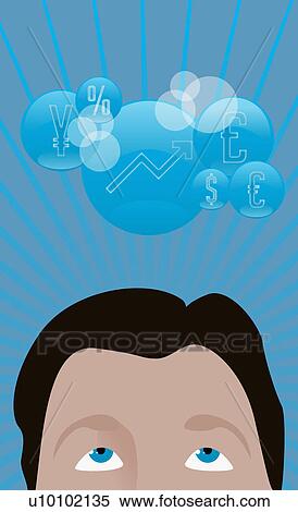 Stock Illustration - Close-up of a businessman looking at currency symbols above his head. Fotosearch