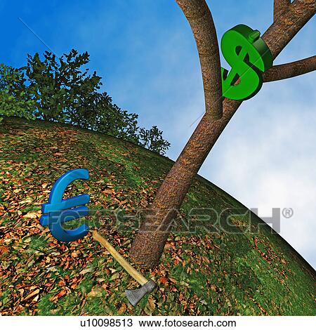 Drawing - Close-up of a dollar sign on a tree with a Euro sign and an axe on the ground. Fotosearch
