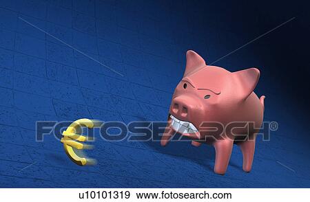 Stock Illustration - Close-up of a piggy bank getting angry with Euro sign. Fotosearch