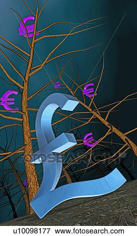 Close-up of a pound sign and Euro sign hanging on bare trees View Large Illustration Stock Illustration - Close-up of a pound sign and Euro sign hanging on bare trees. Fotosearch