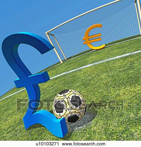 Clip Art - Close-up of a pound sign kicking a soccer ball with euro sign protecting the goal. Fotosearch