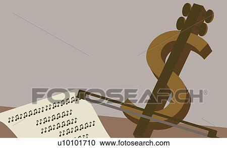 Close-up of a violin in the shape of a dollar sign with musical notes View Large Illustration Clipart - Close-up of a violin in the shape of a dollar sign with musical notes. Fotosearch