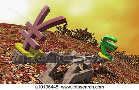 Stock Illustration - Close-up of a yen sign and Euro sign on a seesaw. Fotosearch