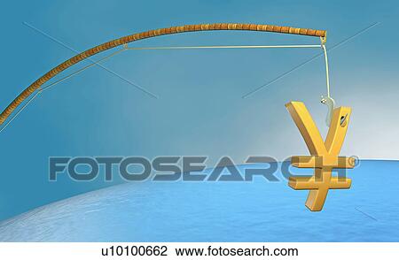 Drawing - Close-up of a yen sign hanging on a fishing rod. Fotosearch