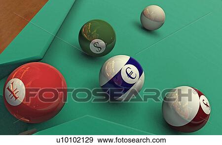 Stock Illustration - Close-up of currency signs on cue balls. Fotosearch