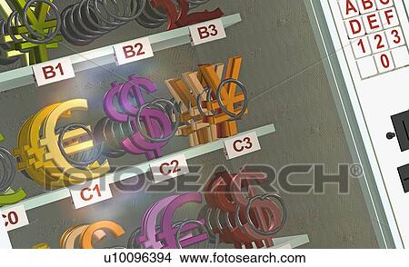 Stock Illustration - Close-up of currency symbols in a display cabinet of a vending machine. Fotosearch