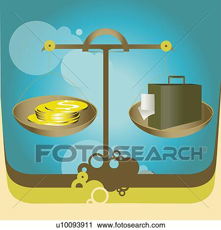Clip Art - Close-up of dollar coins and a briefcase on a weight scale. Fotosearch