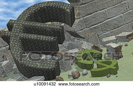 Close-up of euro sign with a cent sign in front of a damaged wall View Large Illustration Drawing - Close-up of euro sign with a cent sign in front of a damaged wall. Fotosearch