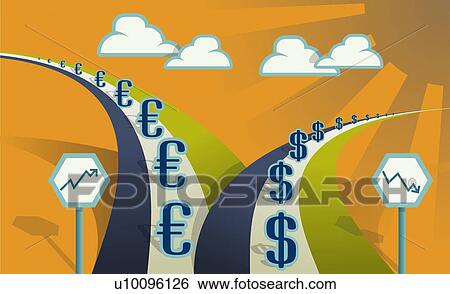 Stock Illustration - Close-up of Euro sings and pound signs on roads. Fotosearch