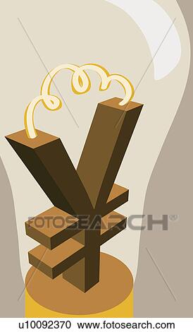 Clipart - Close-up of the glowing tungsten filament of a light bulb on a yen sign. Fotosearch