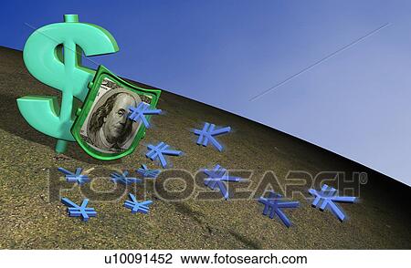 Drawing - Close-up of yen signs flying towards a dollar sign. Fotosearch