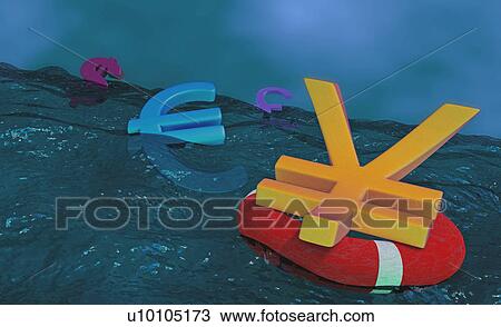 Currency symbols floating on water View Large Illustration Drawing - Currency symbols floating on water. Fotosearch