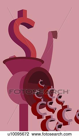 Drawing - Dollar sign in a meat grinder exiting as cent signs. Fotosearch