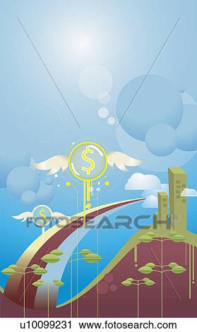 Clip Art - Dollar signs flying over lampposts. Fotosearch