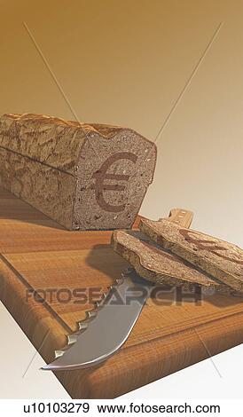 Euro symbol on a loaf of bread with a knife on a cutting board View Large Illustration Stock Illustration - Euro symbol on a loaf of bread with a knife on a cutting board. Fotosearch