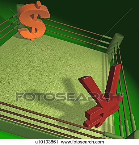 High angle view of a dollar sign and a yen sign in a boxing ring View Large Illustration Clip Art - High angle view of a dollar sign and a yen sign in a boxing ring. Fotosearch