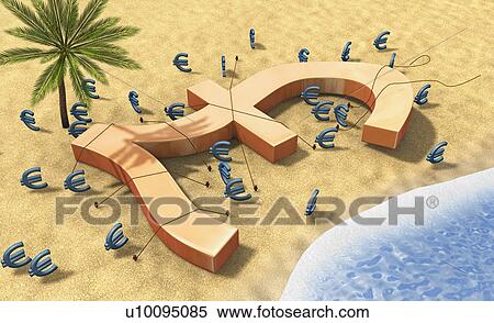 Stock Illustration - High angle view of a pound sign being tied up by euro signs. Fotosearch