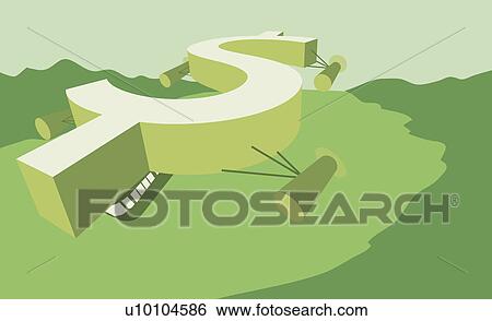 Stock Illustration - High angle view of blimp in the shape of dollar sign. Fotosearch